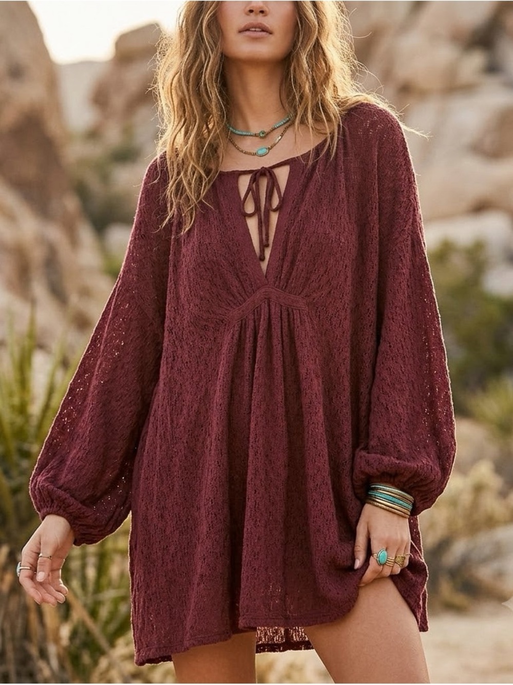Free People Beach Women's Burgundy Long Sleeve Dress S Cover Up Woven Cotton